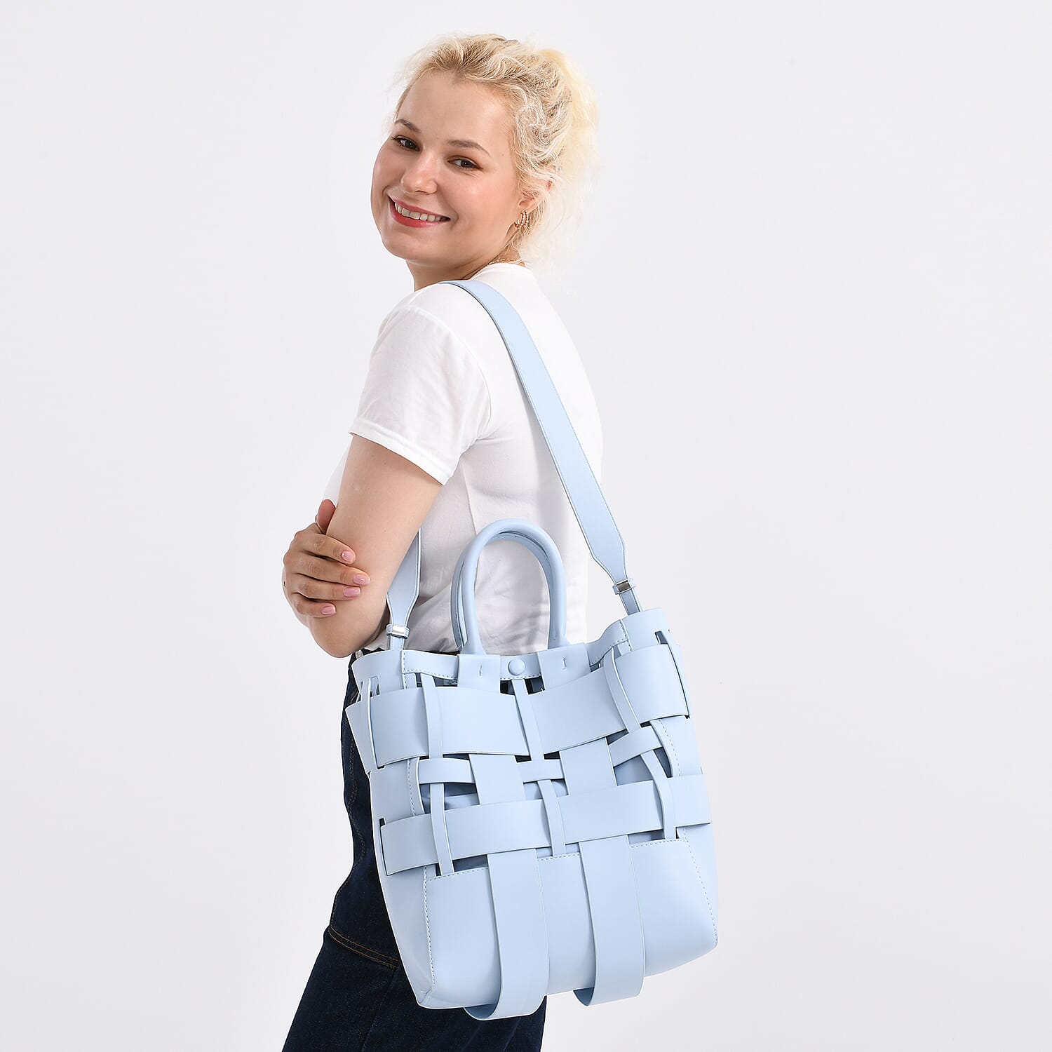 Hollow Woven Design Bucket Bag with Removable Drawstring Pouch - Light Blue