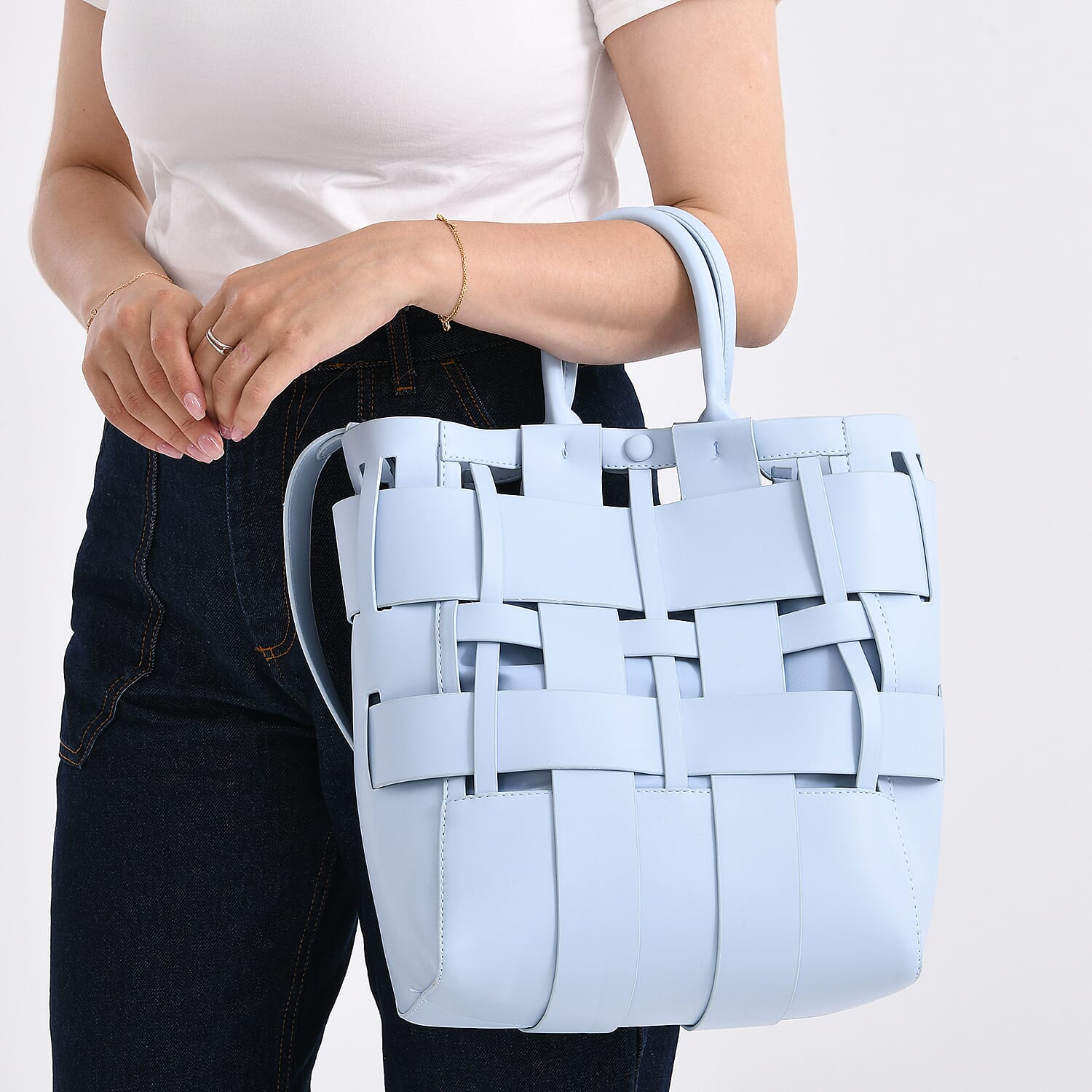 Hollow Woven Design Bucket Bag with Removable Drawstring Pouch - Light Blue