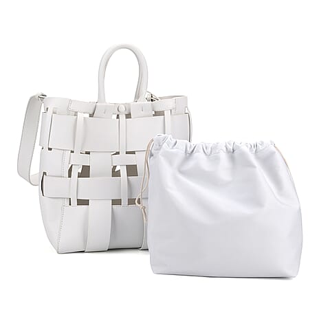Hollow Woven Design Bucket Bag with Removable Drawstring Pouch - White