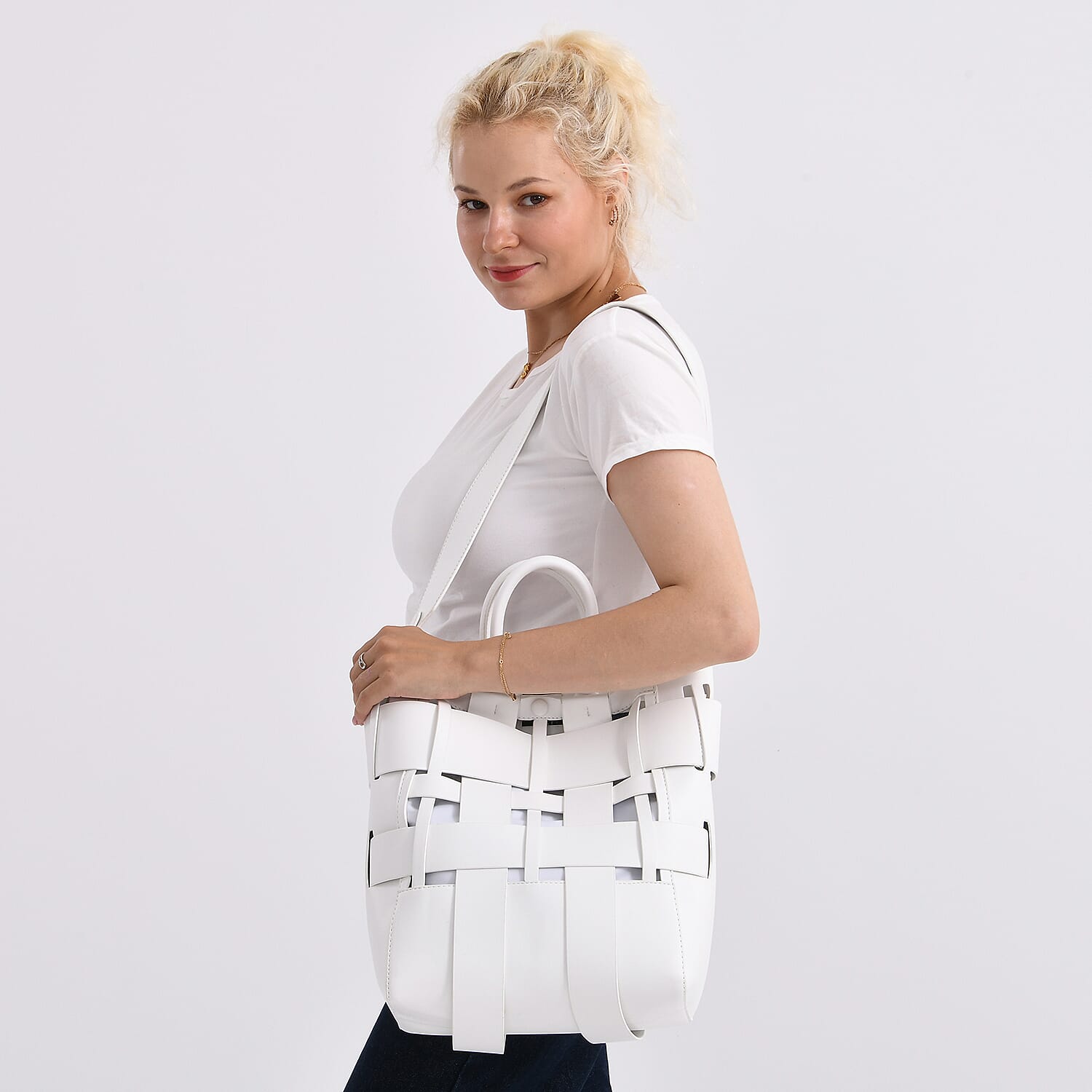 Hollow Woven Design Bucket Bag with Removable Drawstring Pouch - White
