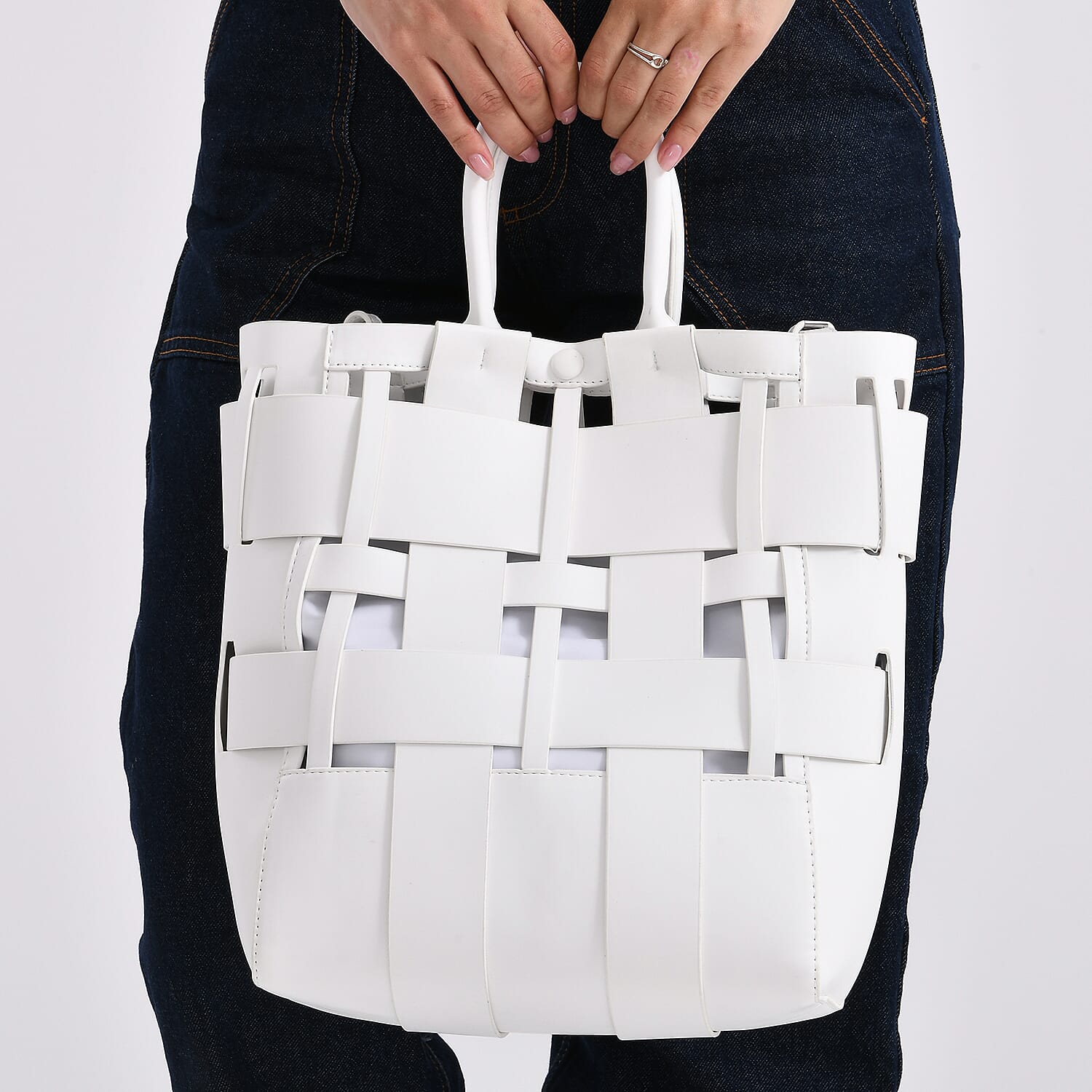 Hollow Woven Design Bucket Bag with Removable Drawstring Pouch - White