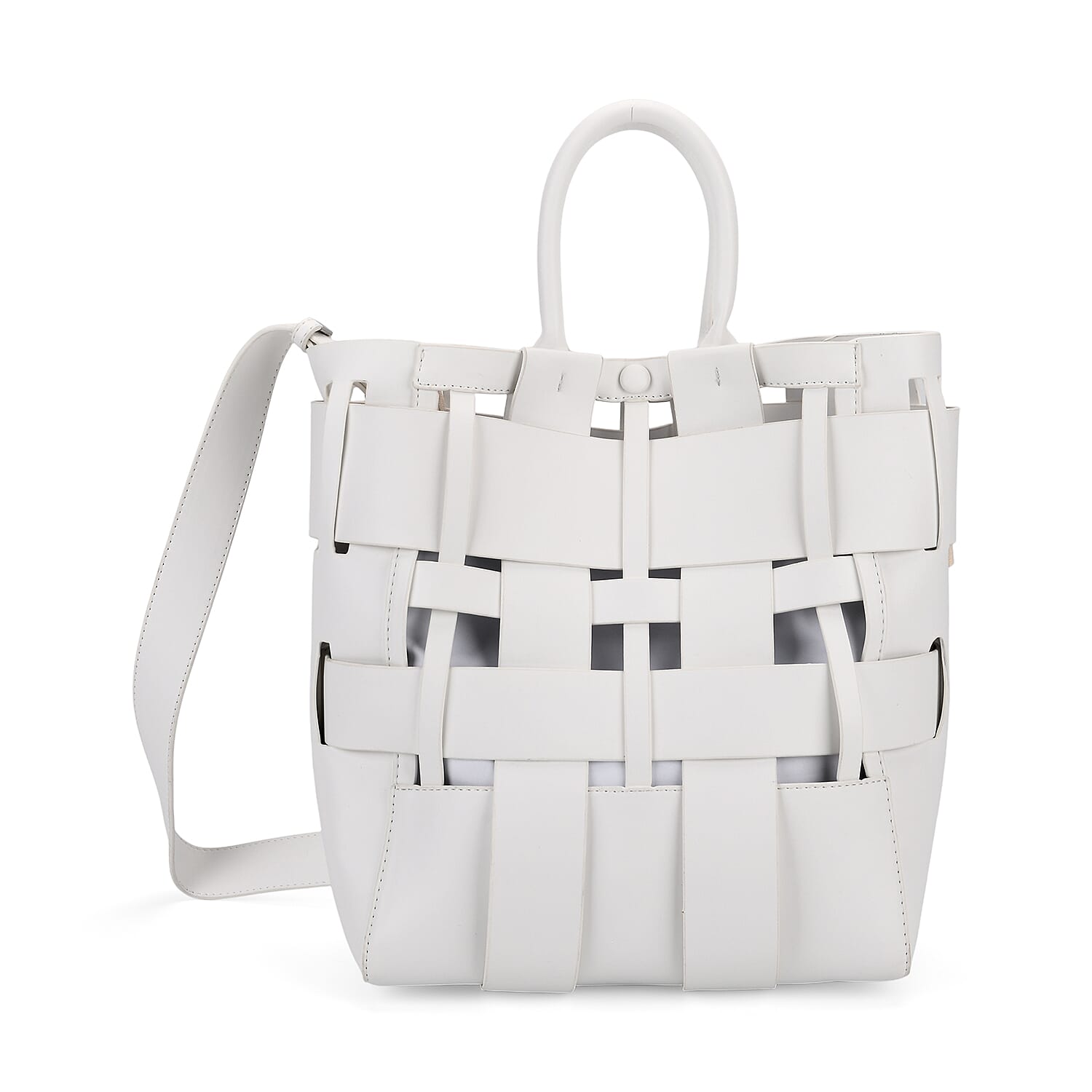 Hollow Woven Design Bucket Bag with Removable Drawstring Pouch - White