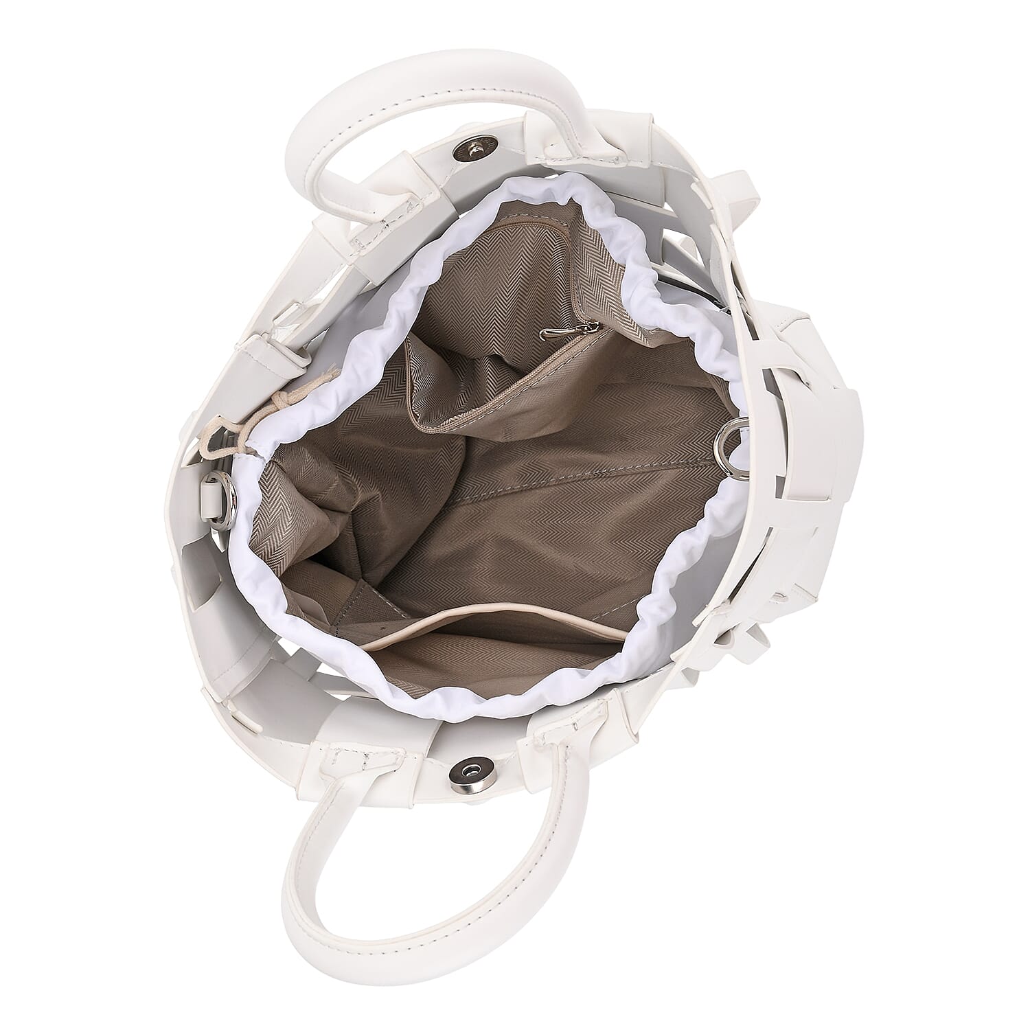 Hollow Woven Design Bucket Bag with Removable Drawstring Pouch - White