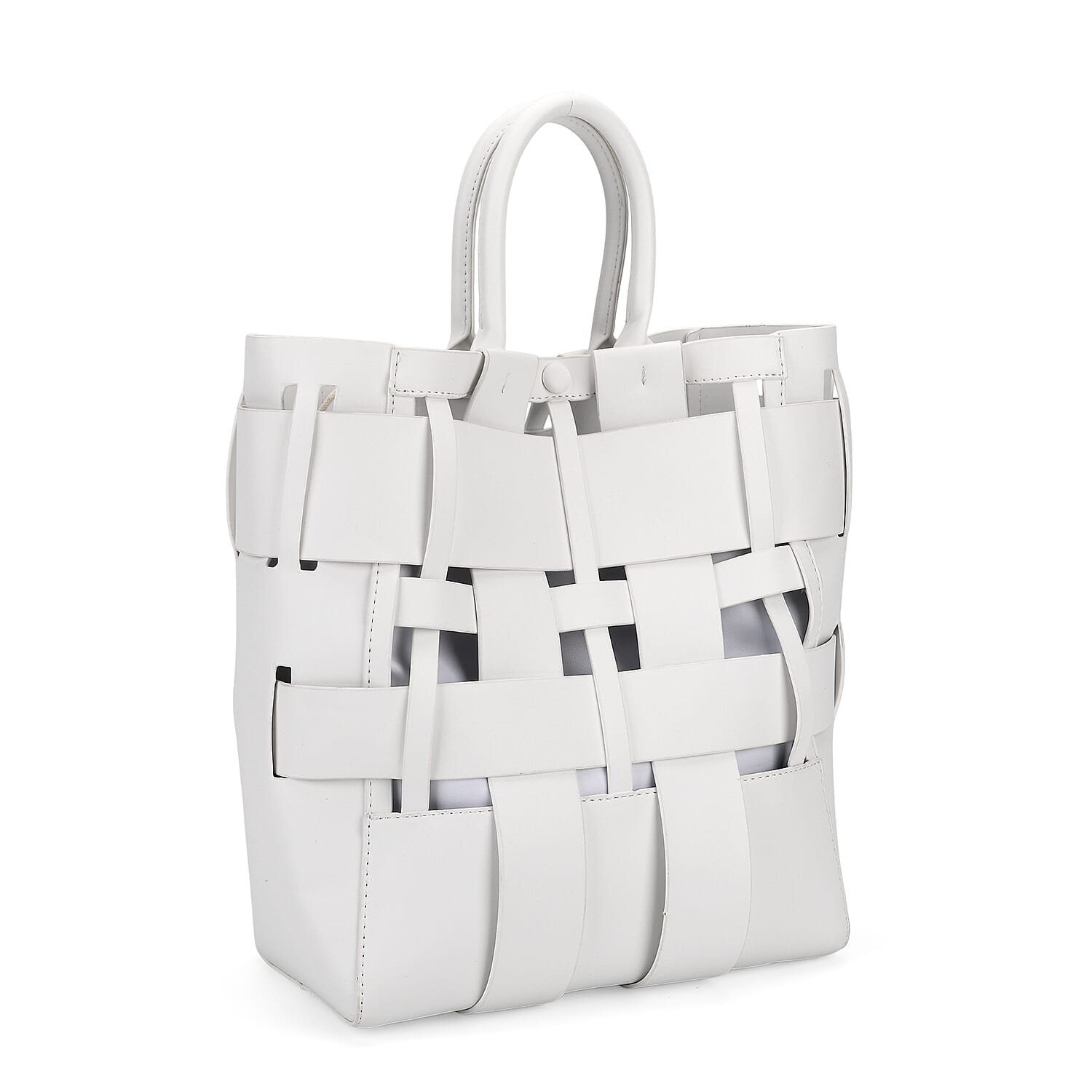 Hollow Woven Design Bucket Bag with Removable Drawstring Pouch - White