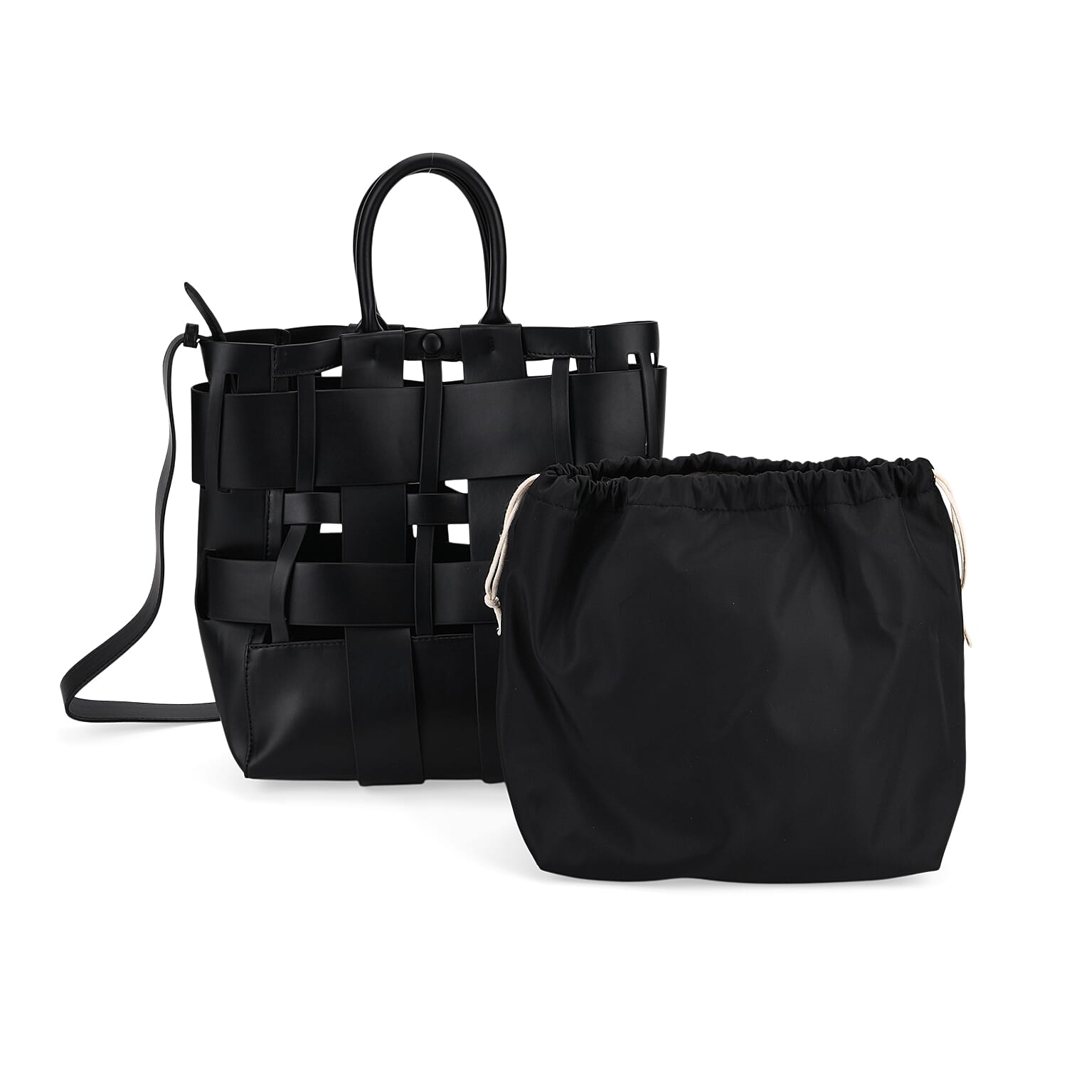 Hollow Woven Design Bucket Bag with Removable Drawstring Pouch - Black