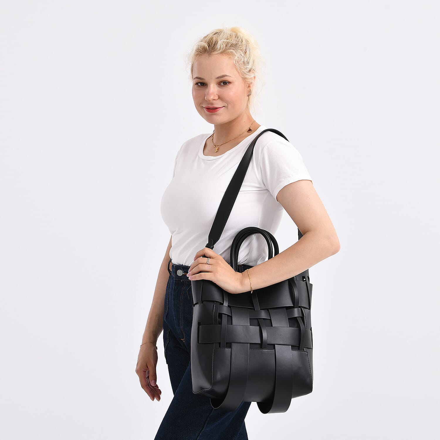 Hollow Woven Design Bucket Bag with Removable Drawstring Pouch - Black