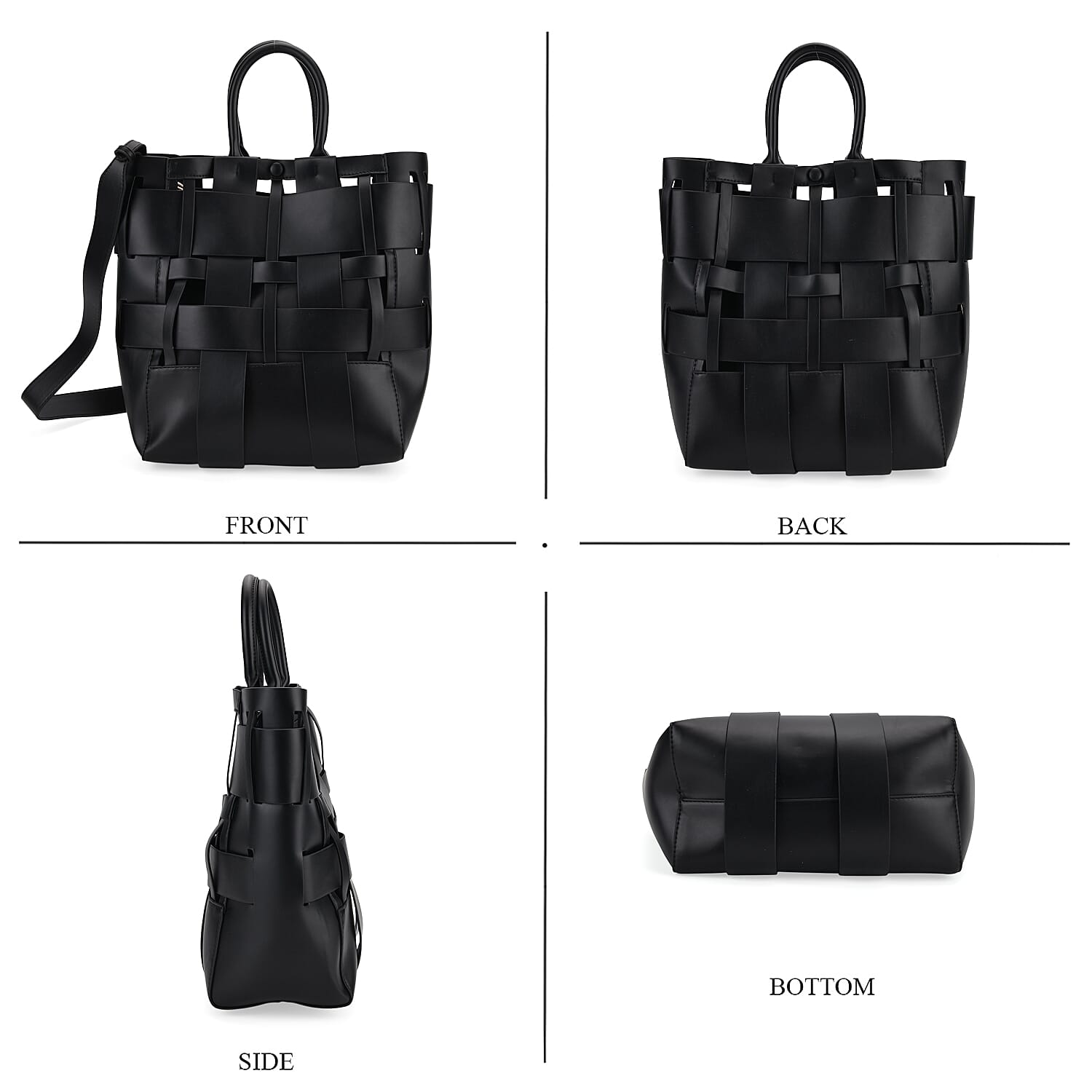 Hollow Woven Design Bucket Bag with Removable Drawstring Pouch - Black