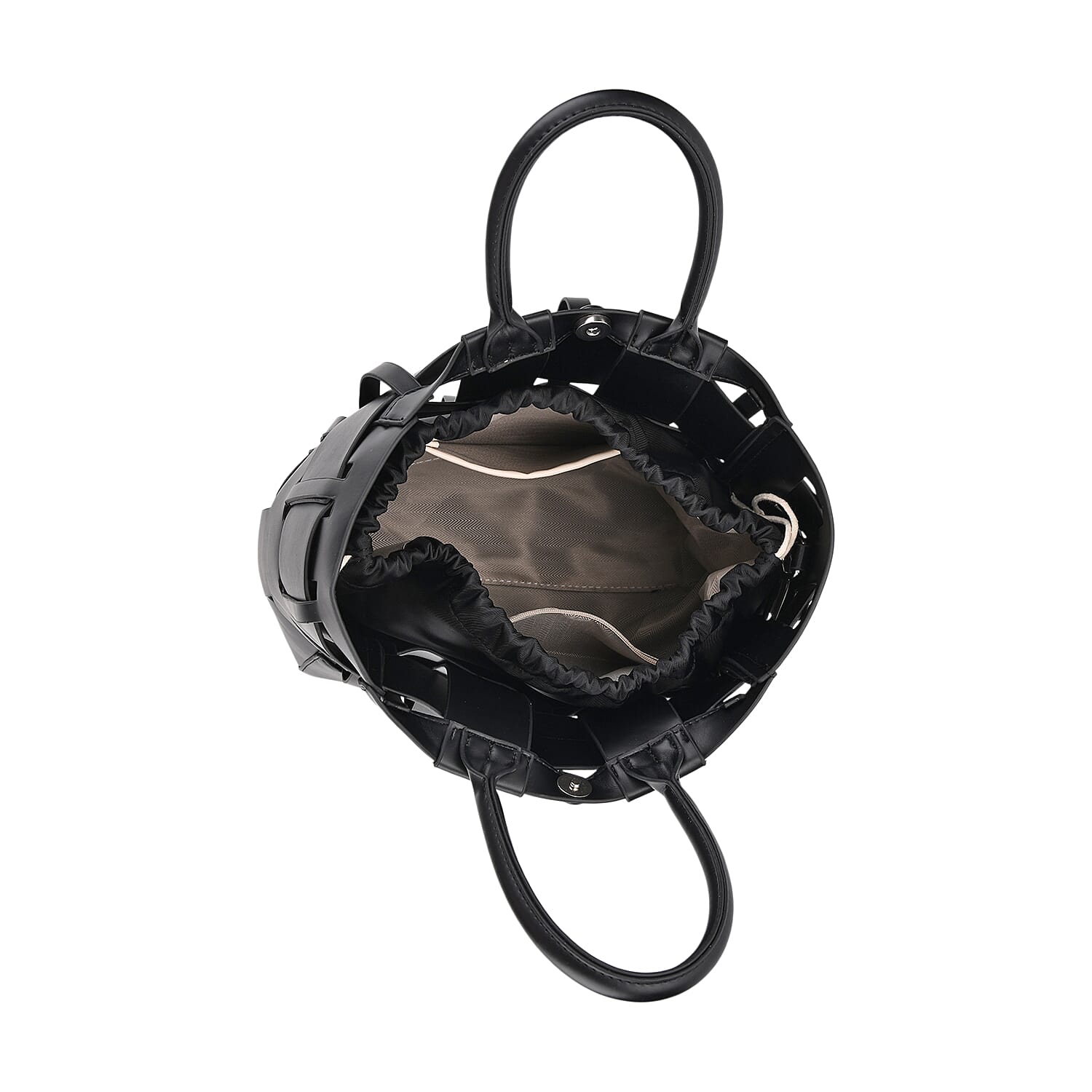 Hollow Woven Design Bucket Bag with Removable Drawstring Pouch - Black