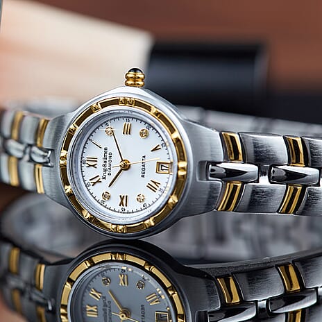 Krug Baumen Regatta 3ATM WR 4 Diamond White Dial Ladies Watch with Silver - Gold Colour Strap
