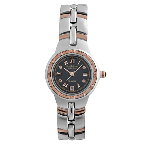 Krug Baumen Regatta 8ATM WR 9 Diamond Black Dial Ladies Watch with Silver - Rose Gold Colour Strap