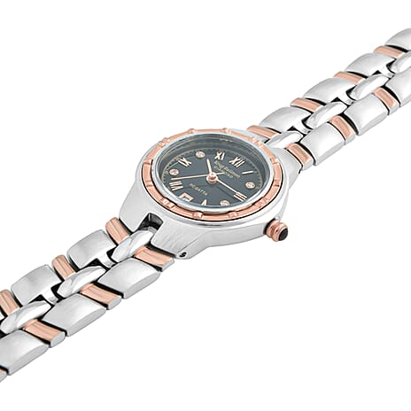 Krug Baumen Regatta 8ATM WR 9 Diamond Black Dial Ladies Watch with Silver - Rose Gold Colour Strap