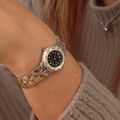 Krug Baumen Regatta 6 Diamond Black Dial 5ATM WR Ladies Watch with Silver - Gold Colour Strap