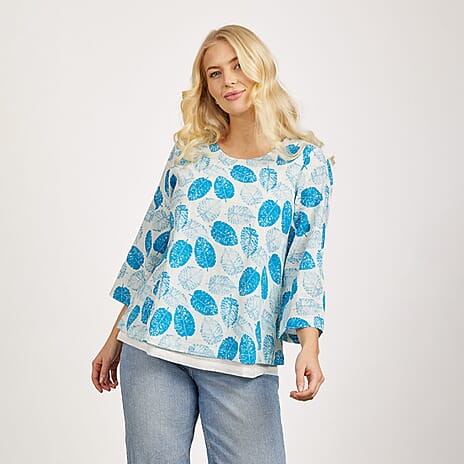 Mudflower 100% Cotton Dark Blue Leaf Print Scoop Neck Top with 3-4 Sleeves (Size 14) - Sky Blue Base
