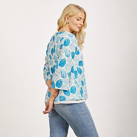 Mudflower 100% Cotton Dark Blue Leaf Print Scoop Neck Top with 3-4 Sleeves (Size 14) - Sky Blue Base
