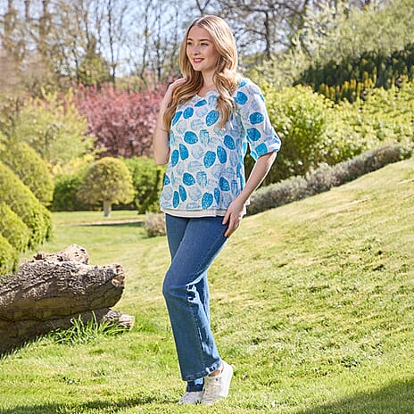 Mudflower 100% Cotton Dark Blue Leaf Print Scoop Neck Top with 3-4 Sleeves (Size 16) - Sky Blue Base