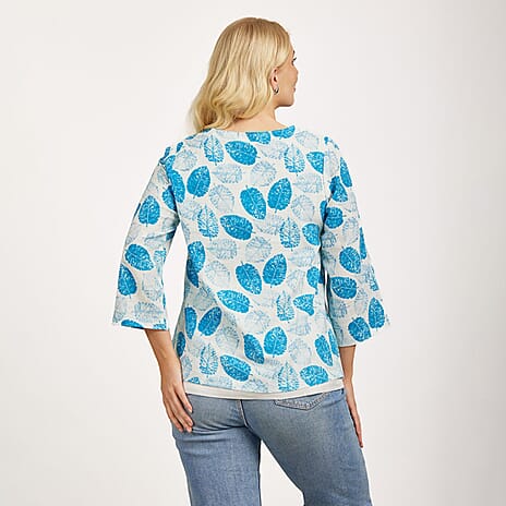 Mudflower 100% Cotton Dark Blue Leaf Print Scoop Neck Top with 3-4 Sleeves (Size 18) - Sky Blue Base
