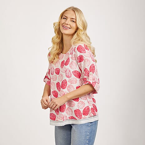 Mudflower 100% Cotton Relaxed Fit Botanical Print Scoop Neck Top with 3-4 Sleeves (Size 18) - Pink Leafs on White Base