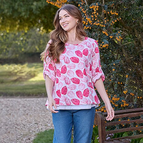 Mudflower 100% Cotton Relaxed Fit Botanical Print Scoop Neck Top with 3-4 Sleeves (Size 18) - Pink Leafs on White Base