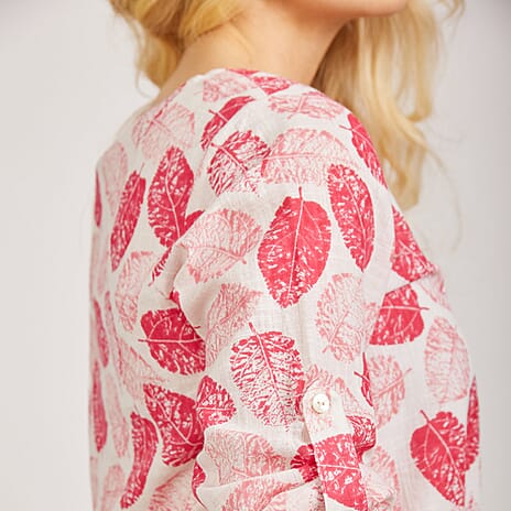 Mudflower 100% Cotton Relaxed Fit Botanical Print Scoop Neck Top with 3-4 Sleeves (Size 18) - Pink Leafs on White Base