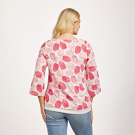 Mudflower 100% Cotton Relaxed Fit Botanical Print Scoop Neck Top with 3-4 Sleeves (Size 18) - Pink Leafs on White Base