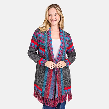 Mudflower Fringed Aztec Cardigan (Size 14) - Purple