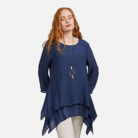 Mudflower Layered Hanky Hem Top with Neck (Size 16) - Navy