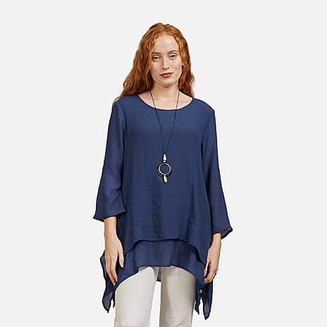 Mudflower Layered Hanky Hem Top with Neck (Size 16) - Navy