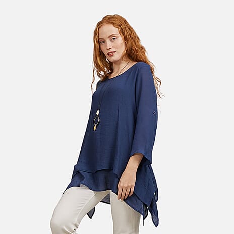 Mudflower Layered Hanky Hem Top with Neck (Size 16) - Navy