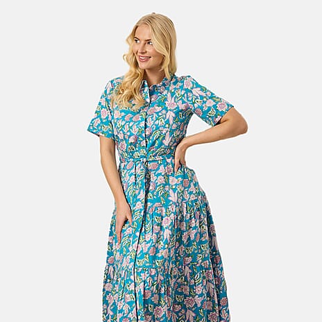 Mudflower 100% Cotton Floral Print Collared Midi Dress (Size 12) - Teal