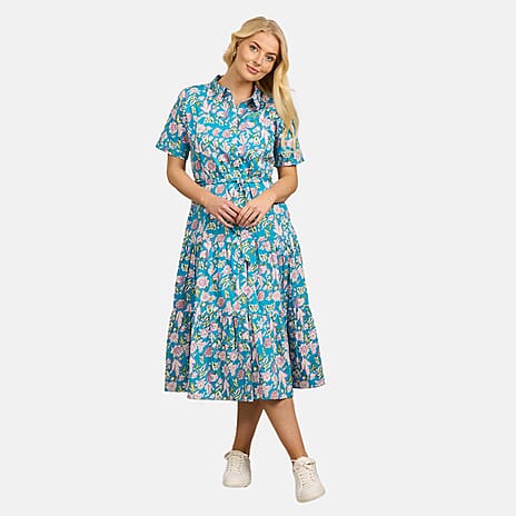 Mudflower 100% Cotton Floral Print Collared Midi Dress (Size 16) - Teal