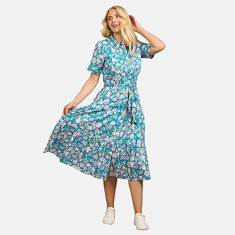 Mudflower 100% Cotton Floral Print Collared Midi Dress (Size 16) - Teal