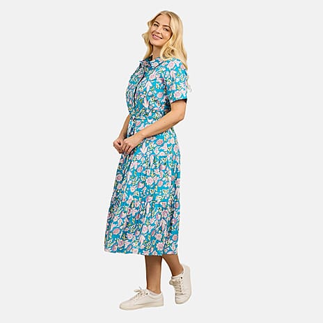 Mudflower 100% Cotton Floral Print Collared Midi Dress (Size 16) - Teal