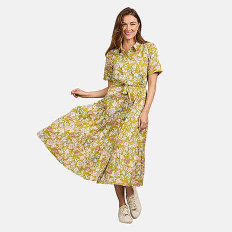 Mudflower 100% Cotton Floral Print Collared Midi Dress with Belt  (Size 18) - Mustard