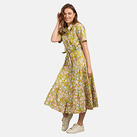 Mudflower 100% Cotton Floral Print Collared Midi Dress with Belt  (Size 18) - Mustard