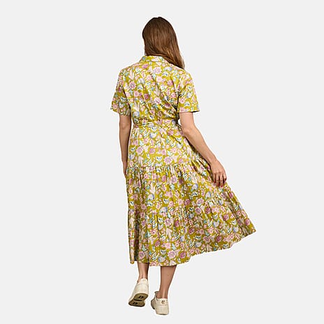 Mudflower 100% Cotton Floral Print Collared Midi Dress with Belt  (Size 18) - Mustard