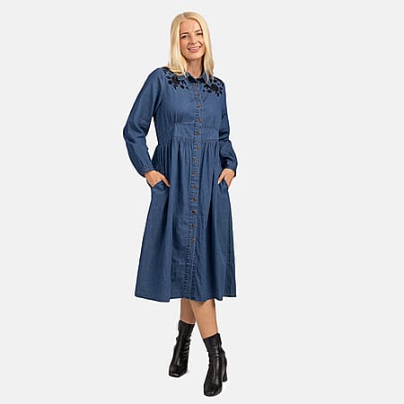 Mudflower 100% Cotton Flower Embroidered Dress (Size 12) - Denim