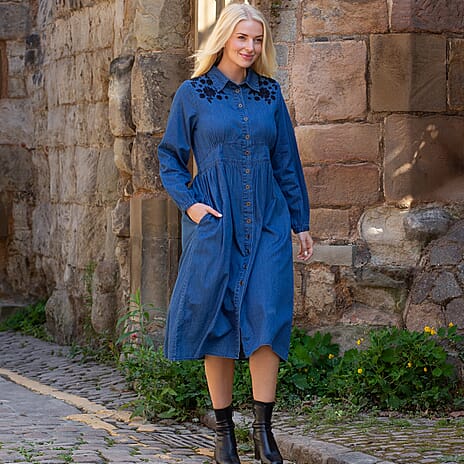 Mudflower 100% Cotton Flower Embroidered Dress (Size 12) - Denim