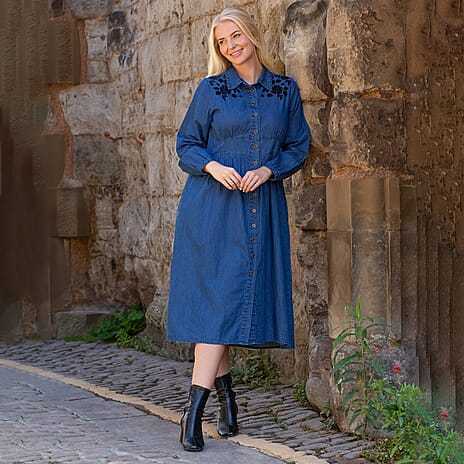 Mudflower 100% Cotton Flower Embroidered Dress (Size 12) - Denim