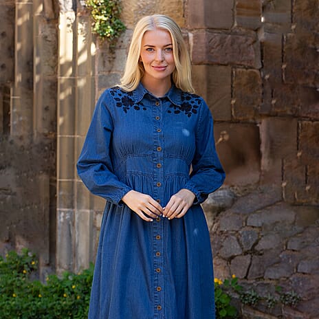 Mudflower 100% Cotton Flower Embroidered Dress (Size 14) - Denim