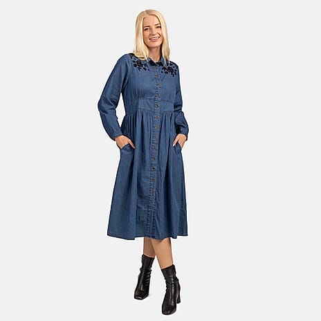 Mudflower 100% Cotton Flower Embroidered Dress (Size 16) - Denim