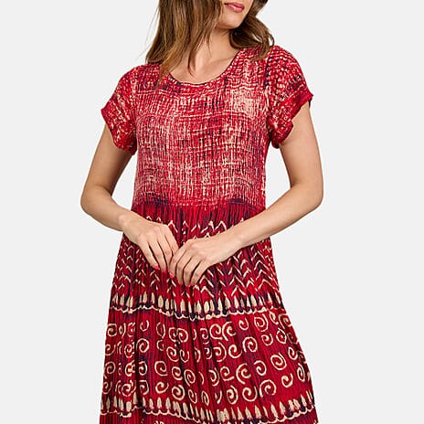Mudflower 100% Viscose Tye Dye and Batik Shirred Dress (Size 12) - Pink