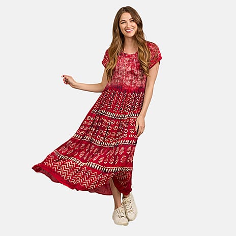 Mudflower 100% Viscose Tye Dye and Batik Shirred Dress (Size 10) - Pink