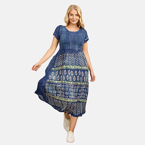 Mudflower 100% Viscose Tye Dye and Batik Shirred Dress (Size 10) - Navy