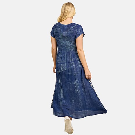 Mudflower 100% Viscose Tye Dye and Batik Shirred Dress (Size 10) - Navy