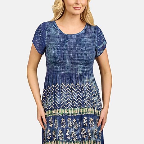 Mudflower 100% Viscose Tye Dye and Batik Shirred Dress (Size 10) - Navy