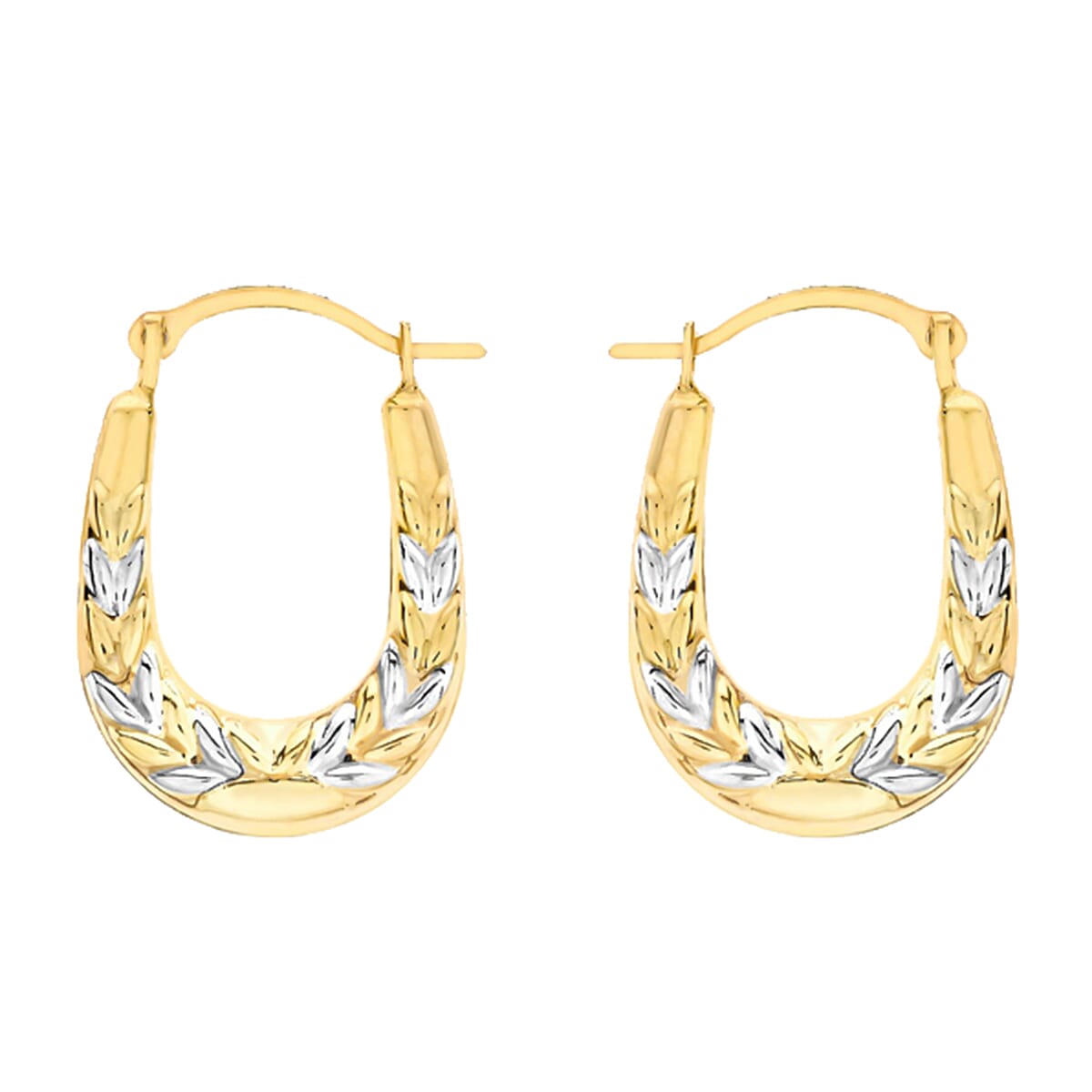 Hatton Garden Closeout - 9K Yellow & White Gold Leaf Creole Earring with Clasp