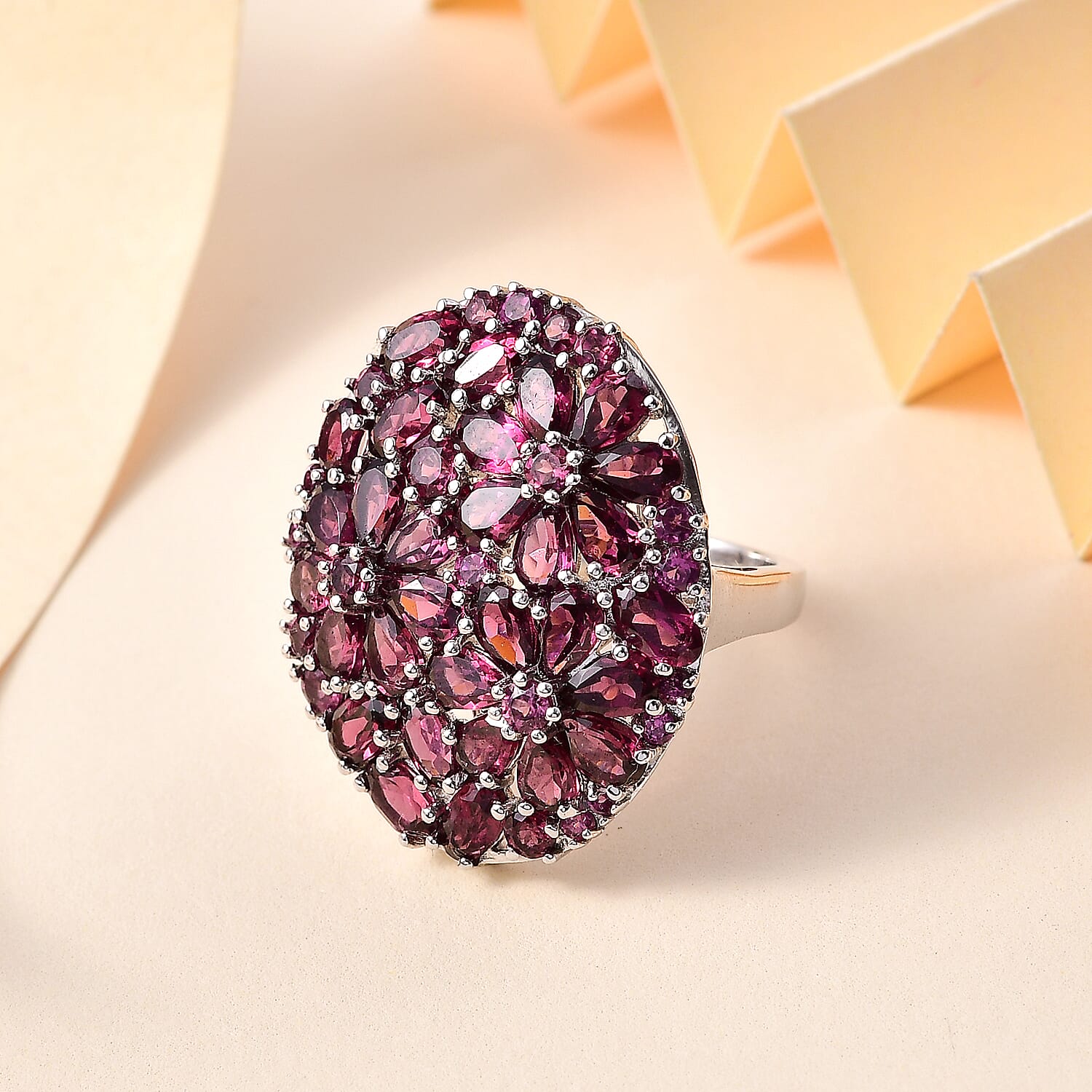 Orissa Natural Rhodolite Garnet Cluster Ring in Rhodium Overlay Sterling Silver 9.32 Ct, Silver Wt. 6.70 Gms.