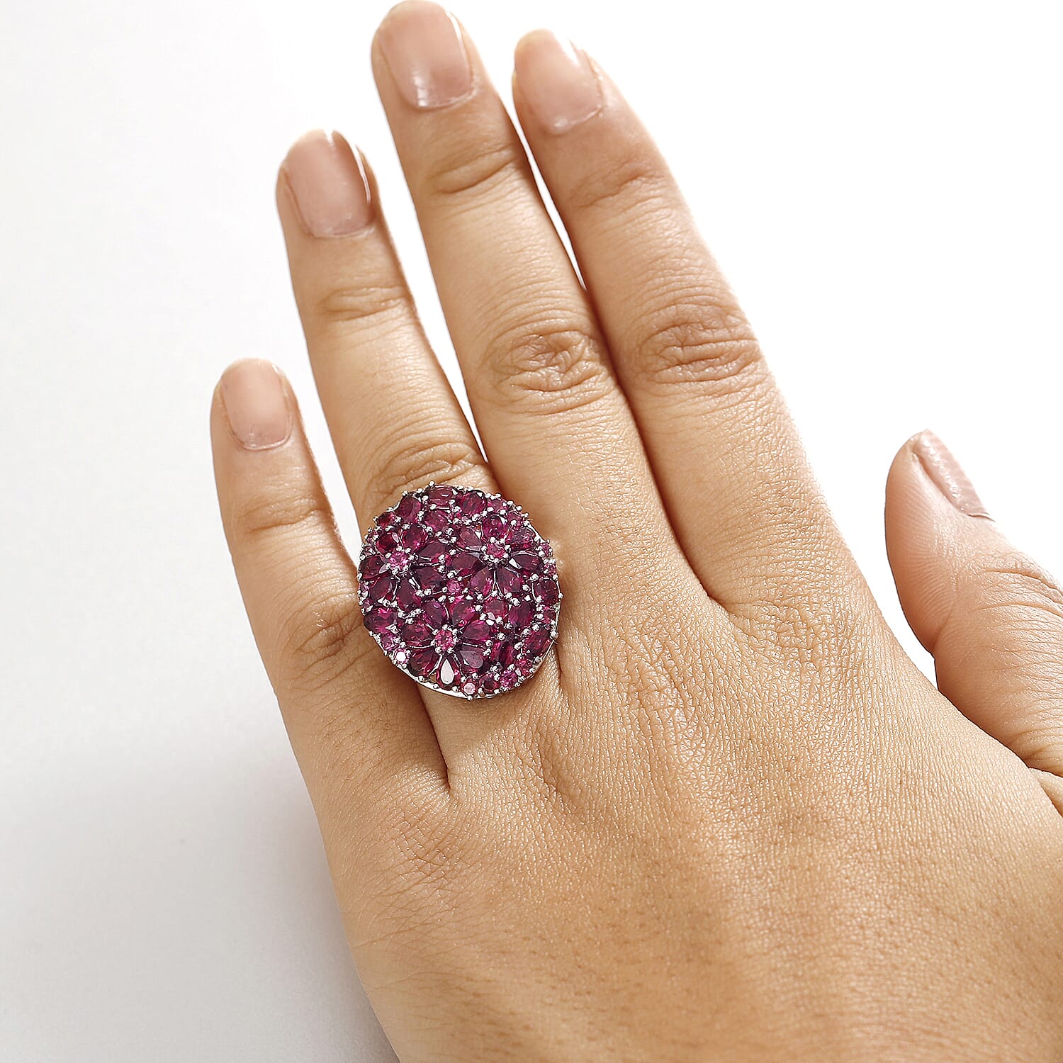 Orissa Natural Rhodolite Garnet Cluster Ring in Rhodium Overlay Sterling Silver 9.32 Ct, Silver Wt. 6.70 Gms.