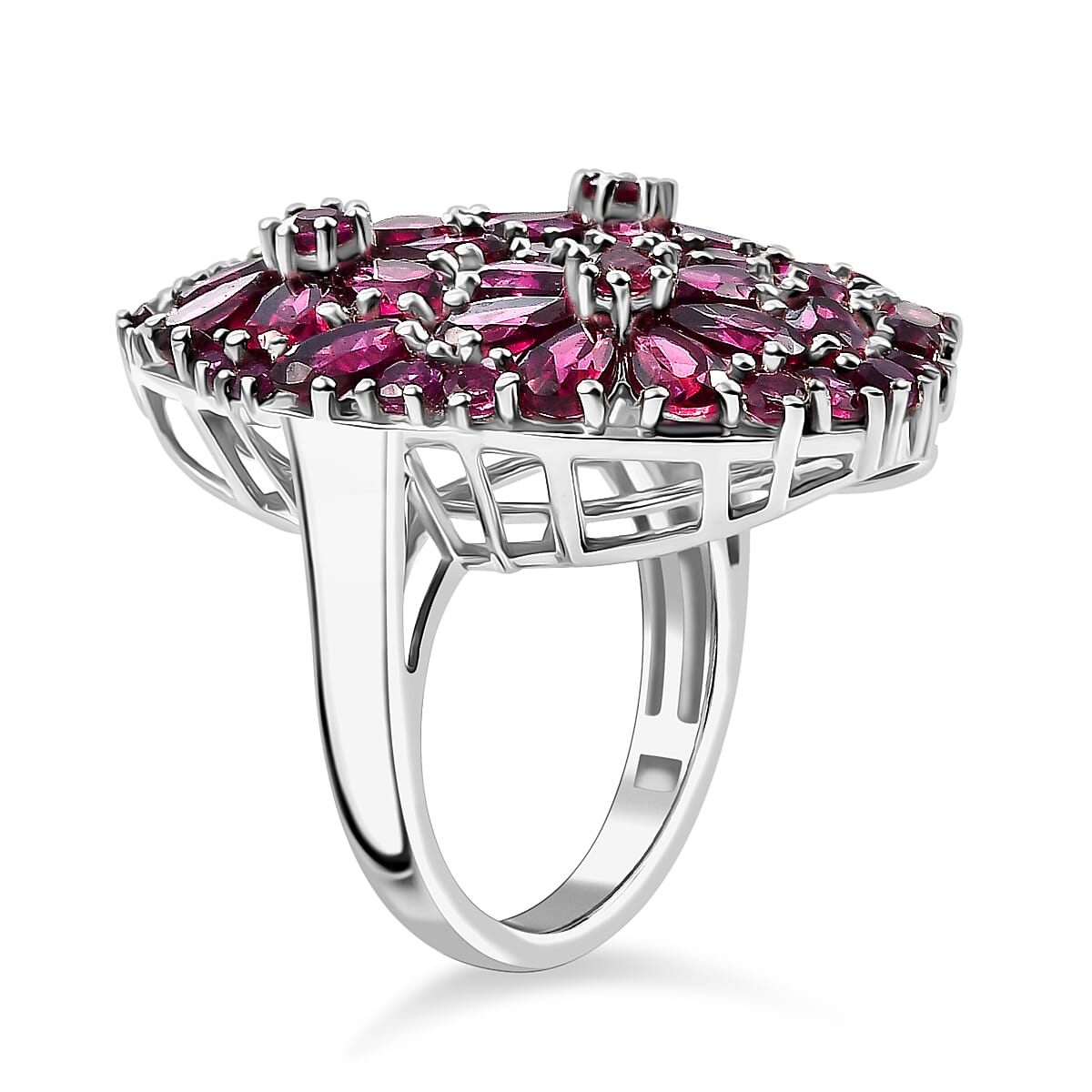 Orissa Natural Rhodolite Garnet Cluster Ring in Rhodium Overlay Sterling Silver 9.32 Ct, Silver Wt. 6.70 Gms.