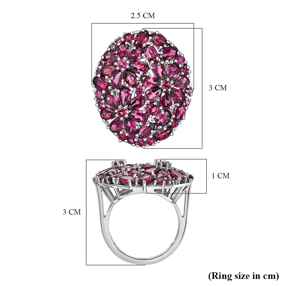 Orissa Natural Rhodolite Garnet Cluster Ring in Rhodium Overlay Sterling Silver 9.32 Ct, Silver Wt. 6.70 Gms.